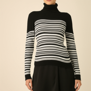 Blusa Cacharel Gola Alta Listrada Feminina – Preto, Cinza e Off‑White