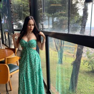 Vestido Longo Floral Verde Esmeralda Tomara Que Caia com Recortes
